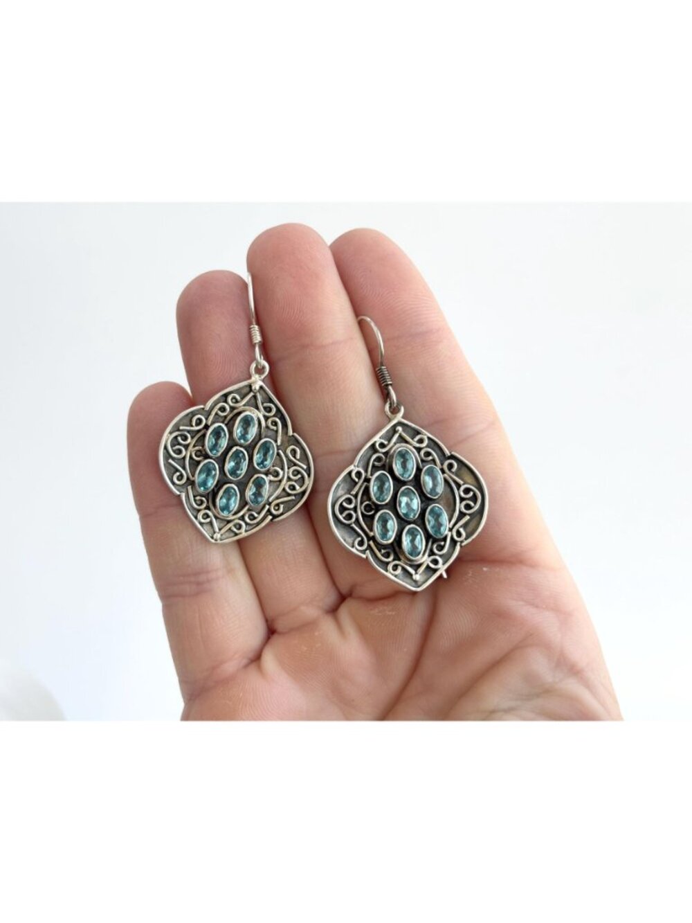 Blue Topaz Gemstone Oval Balinese Inspired Sterling Silver Vintage 925 Earrings - Picture 9 of 14